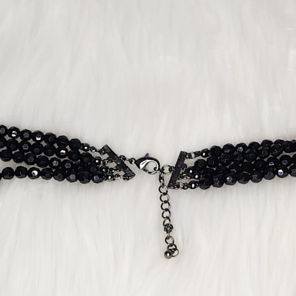 Vintage 4 Strand Black Faceted Bead Necklace Large Flower Pendant Coquette Noir - Picture 5 of 6